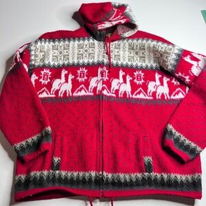 Tejidos‎ Ruminahui Red Llama Fair Isle Zip Up Hooded Sweater Mens XL Ecuador